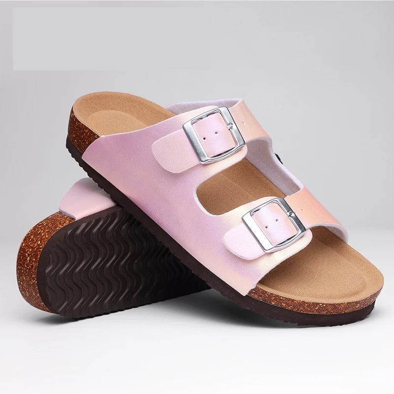 KIDMI Cork Clogs Slippers For Women Cork Footbed Beach Sandals Outdoor Suede Clogs Sandals With Adjustable Buckle Men Sandals
