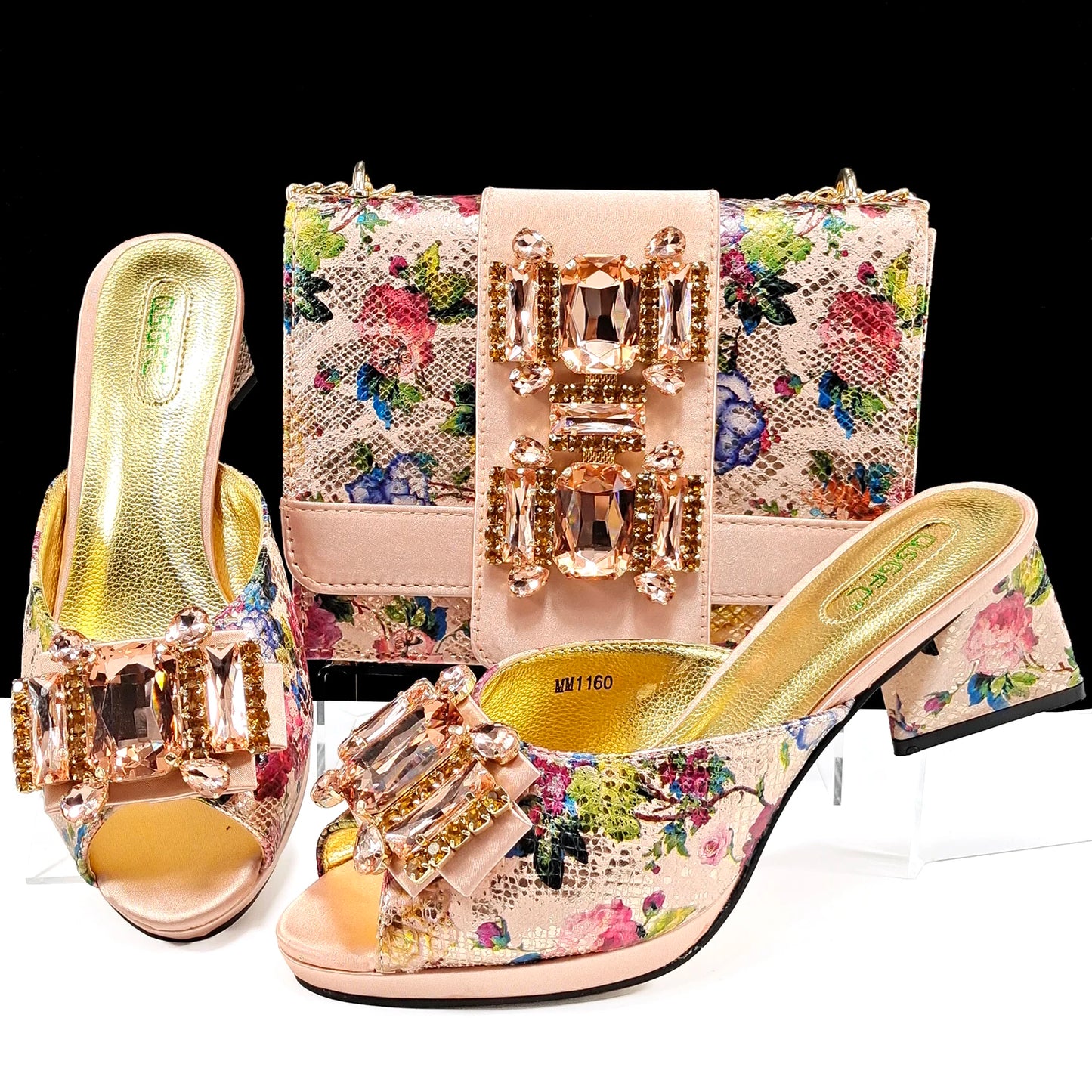 QSGFC Italian Sandals and Bags Matching Set 2025 Women Heel Party for Rose Gold Colour Wedding Bigger Size Thick Heel Shoes