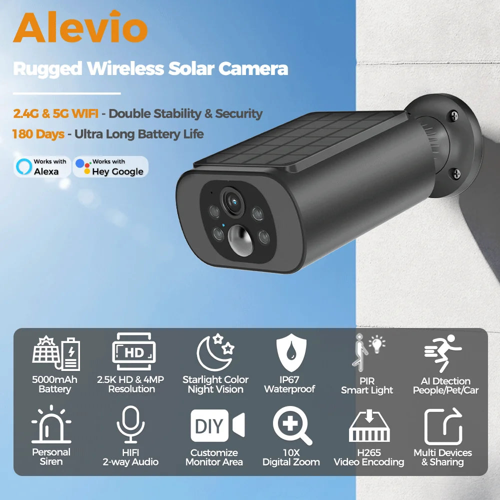 ALEVIO Solar Camera Outdoor WIFI  Wireless Security Cam 2.5K Ultra Standby Time PIR Light Color Night Vision AI Detect CCTV Cam