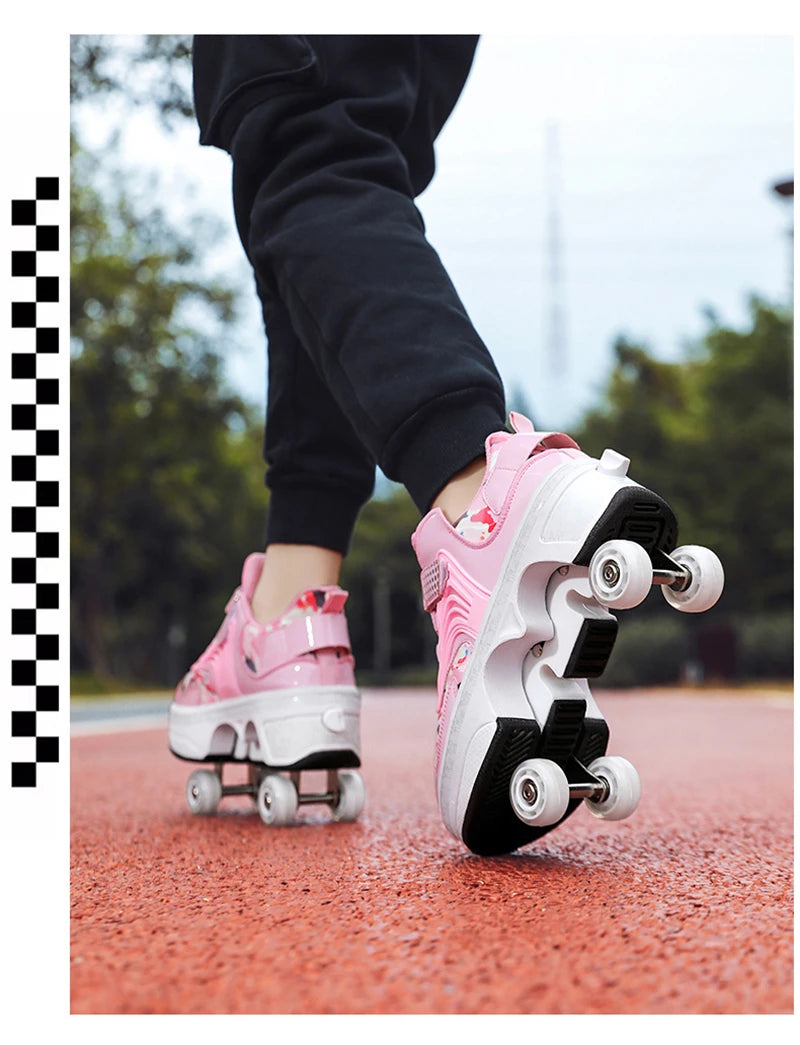 Parkour Shoes 4 Wheels Deformation Roller Skating Shoes Kids Adults Unisex Sneakers Street Urban Fitness FSK Quad Skating Shoes