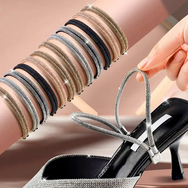 1/2Pairs Rhinestone High Heels Shoes Band Anti-loose Women Diamond Shoelaces Anti-drop Heel Straps Belt Drill Elastic Fixed Belt