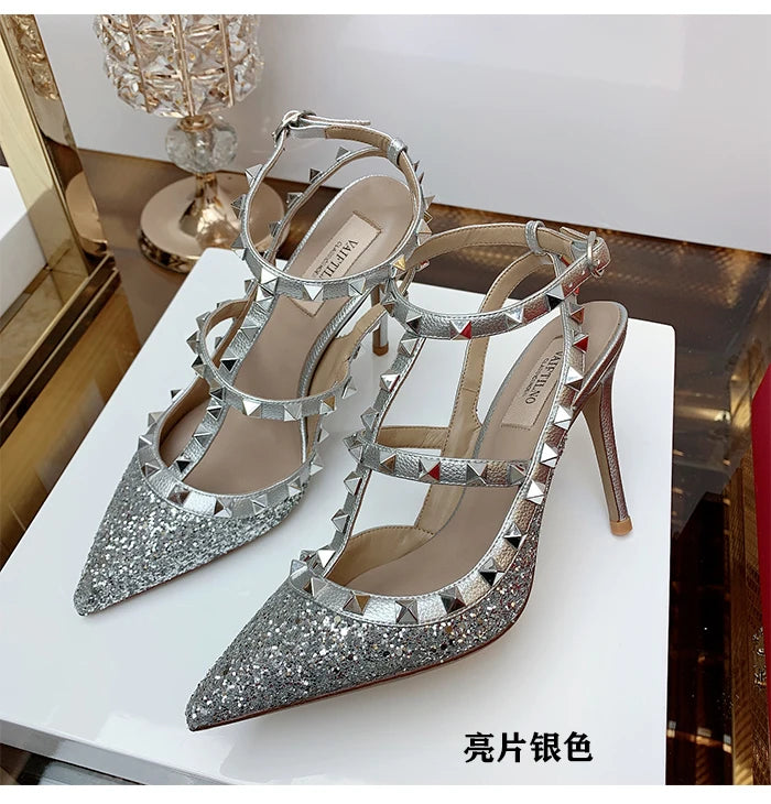 2025 Summer Brand Leather Women's Sandals Classic Rivet Gladiator High Heels Sexy Luxury Pumps Wedding Party Pointed toe Shoes