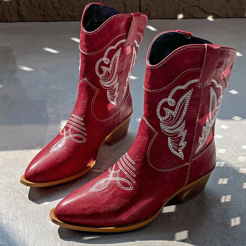 Ethnic Embroider Decor High Heel Boots for Women 2025 New Spring Ankle Vacation Pointed Toe Boots Western Cowgirl Short Boots