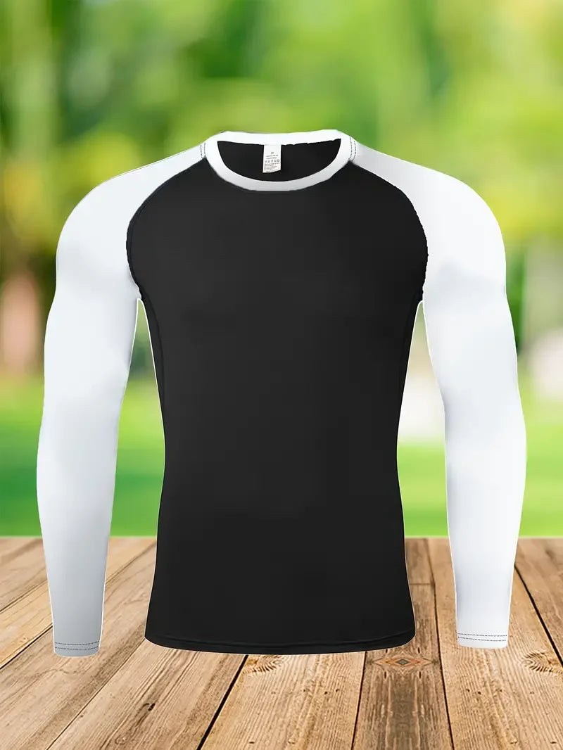 Men's Quick Dry Breathable Color Blocking Slim Long Sleeve High Stretch Base Layer Outdoor Jogging, Fitness Training Activity