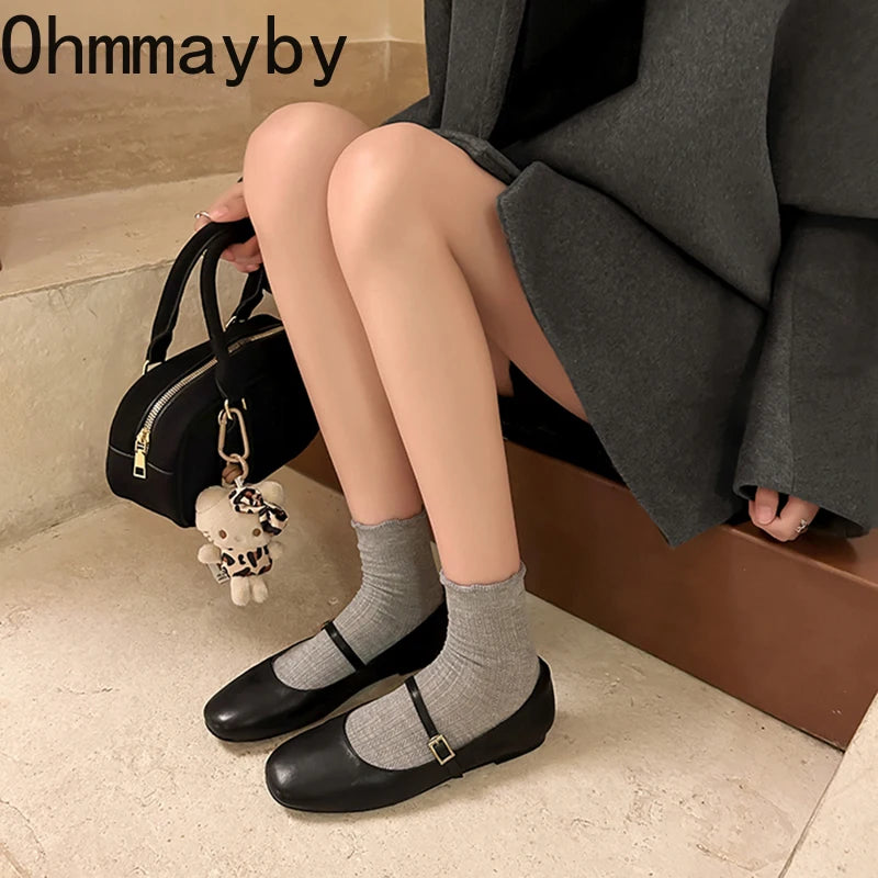 Retro Style Square Toe Women's Mary Jane Shoes Elegant Shallow Dress Flats Leather Footwear for Ladies