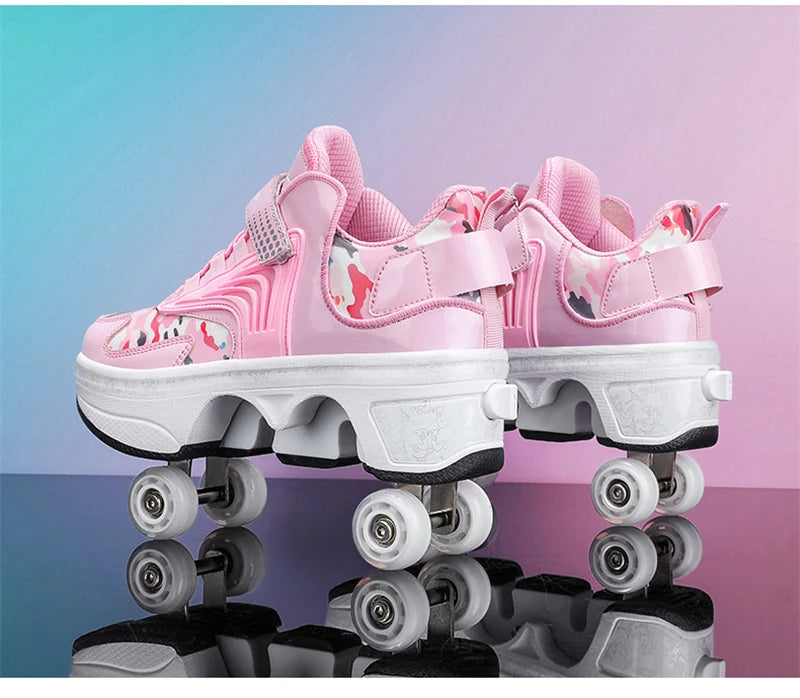 Parkour Shoes 4 Wheels Deformation Roller Skating Shoes Kids Adults Unisex Sneakers Street Urban Fitness FSK Quad Skating Shoes