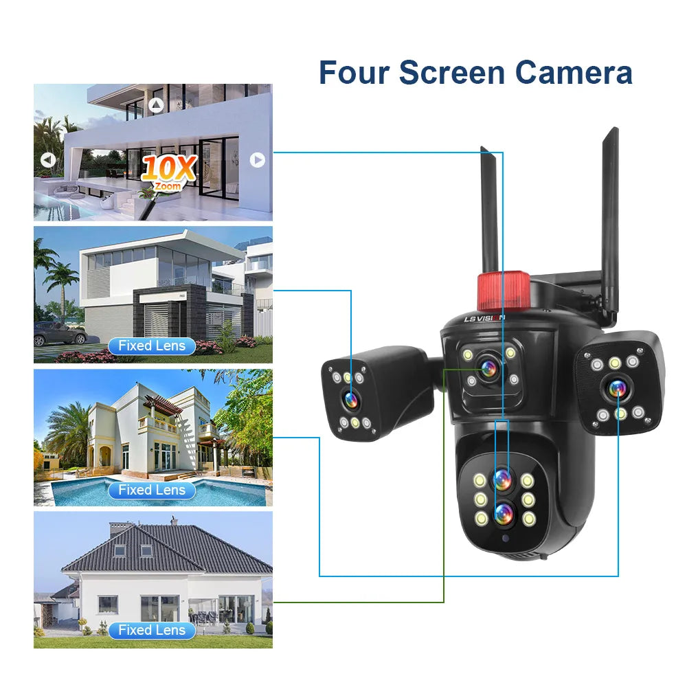 LS VISION 10K 20MP Four Screens WiFi PTZ Camera 10X Optical Zoom Auto Tracking Humanoid Detection CCTV Security Cameras Outdoor