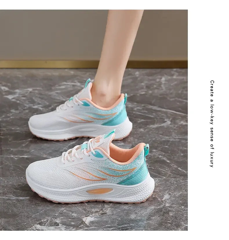 Spring Women New Mesh Lightweight Sports Breath Lace Up Fitness Comfortable Thick Soled Casual Running Shoes Tenis Masculino