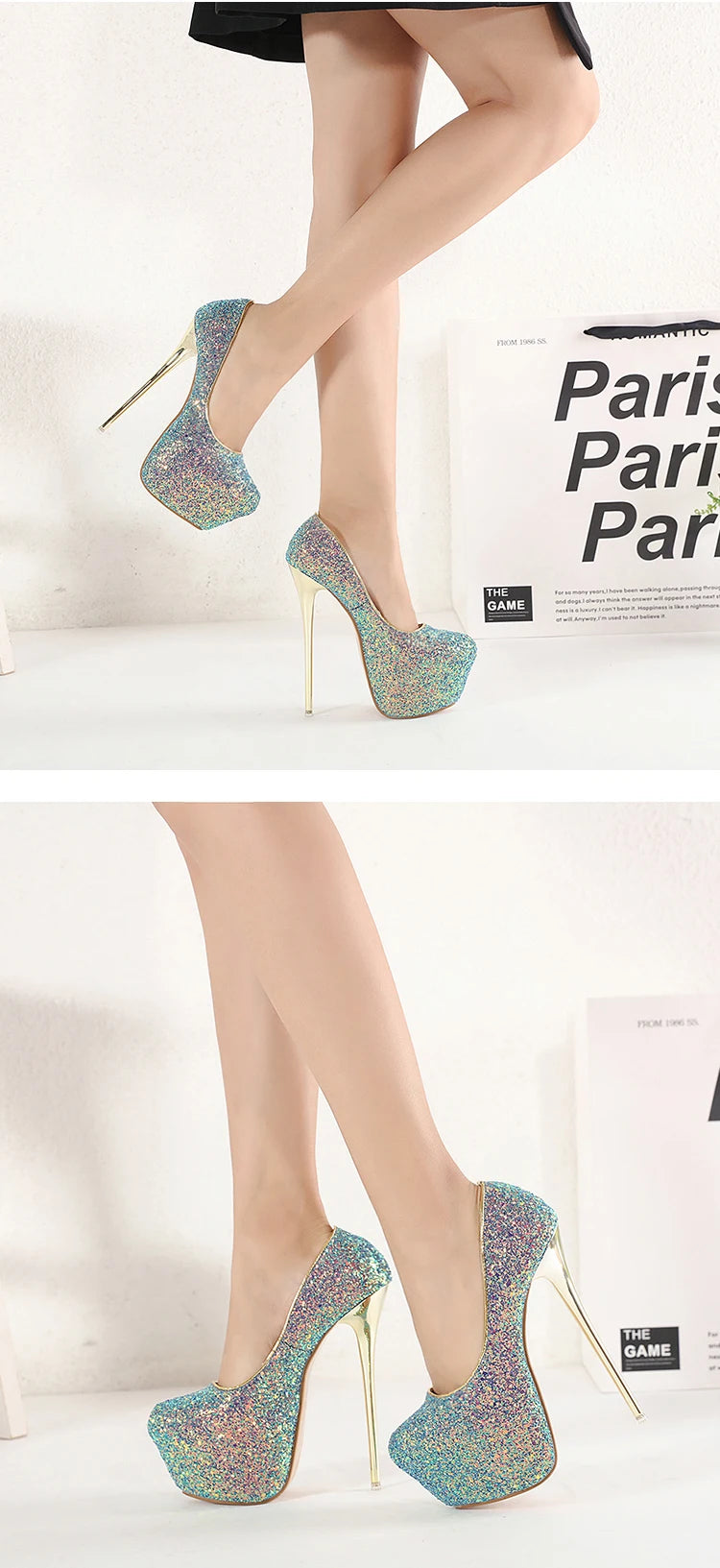 Comemore Sexy Size 34 43 44 45 Bling Sequins High Heels Pumps Platform Fashion Striptease Women's Heel Shoes Summer Slip-On 2025