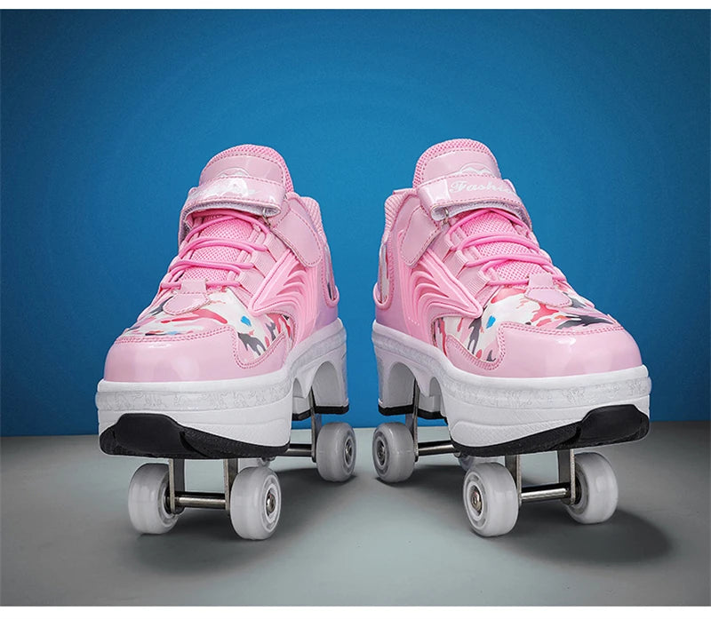 Parkour Shoes 4 Wheels Deformation Roller Skating Shoes Kids Adults Unisex Sneakers Street Urban Fitness FSK Quad Skating Shoes