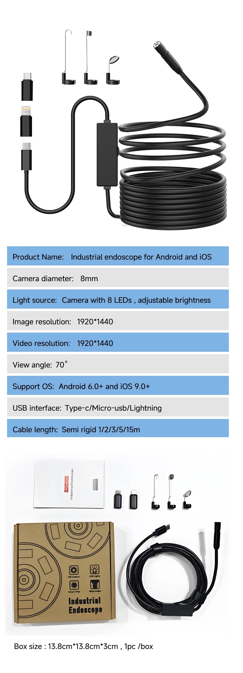 Dodosee 1440p HD Endoscope 3 in 1 Car Inspection Borescope Mini Camera 8mm Lens for Iphone IOS Smart Phone Android Pad Type C