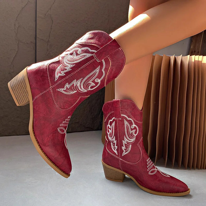 Ethnic Embroider Decor High Heel Boots for Women 2025 New Spring Ankle Vacation Pointed Toe Boots Western Cowgirl Short Boots