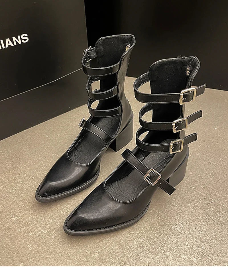 Pointed Toe Women Ankle Boots Fashion Back Zippers Metal Buckle Short Booties Retro Style Female Shoes