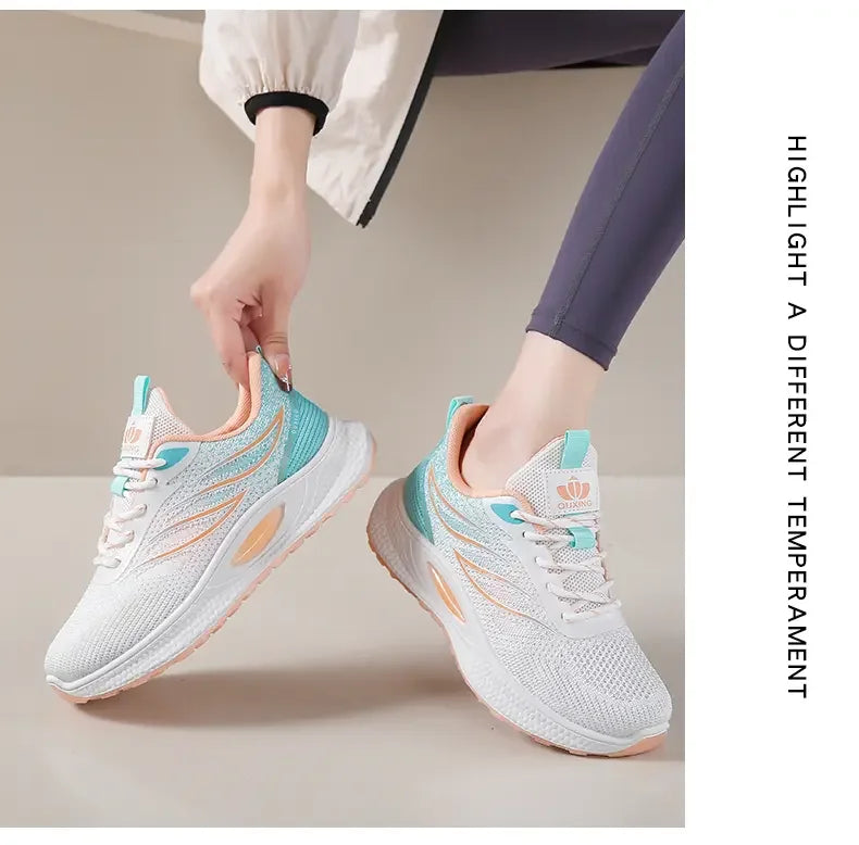 Spring Women New Mesh Lightweight Sports Breath Lace Up Fitness Comfortable Thick Soled Casual Running Shoes Tenis Masculino