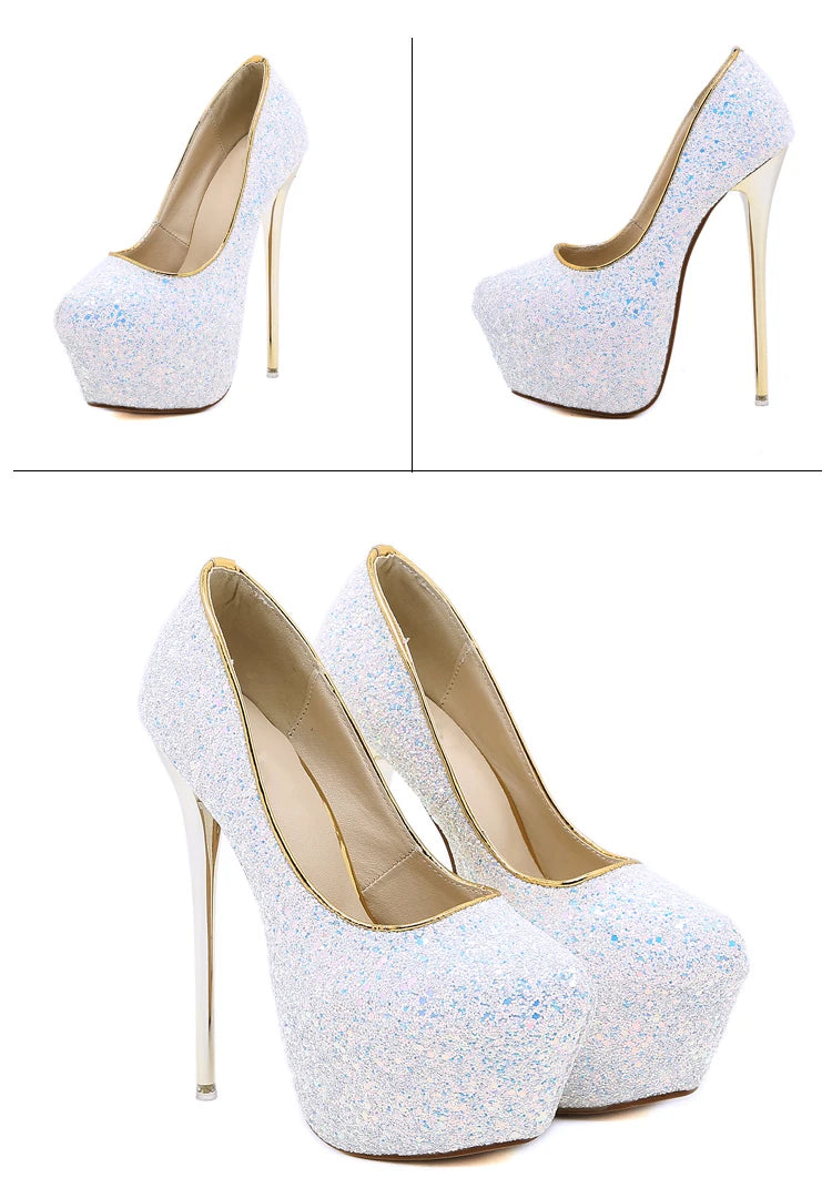 Comemore Sexy Size 34 43 44 45 Bling Sequins High Heels Pumps Platform Fashion Striptease Women's Heel Shoes Summer Slip-On 2025