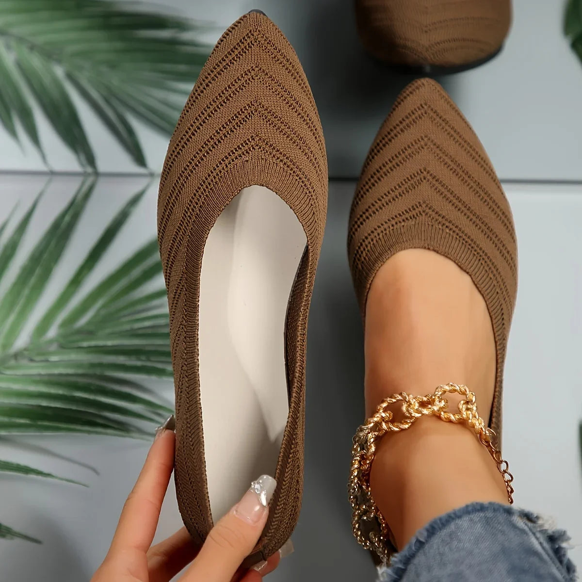Women's Pointed Toe Flat Shoes Solid Color Knitted Slip on Shoes Casual Breathable Ballet Flats Women Flat Shoes Loafers Women