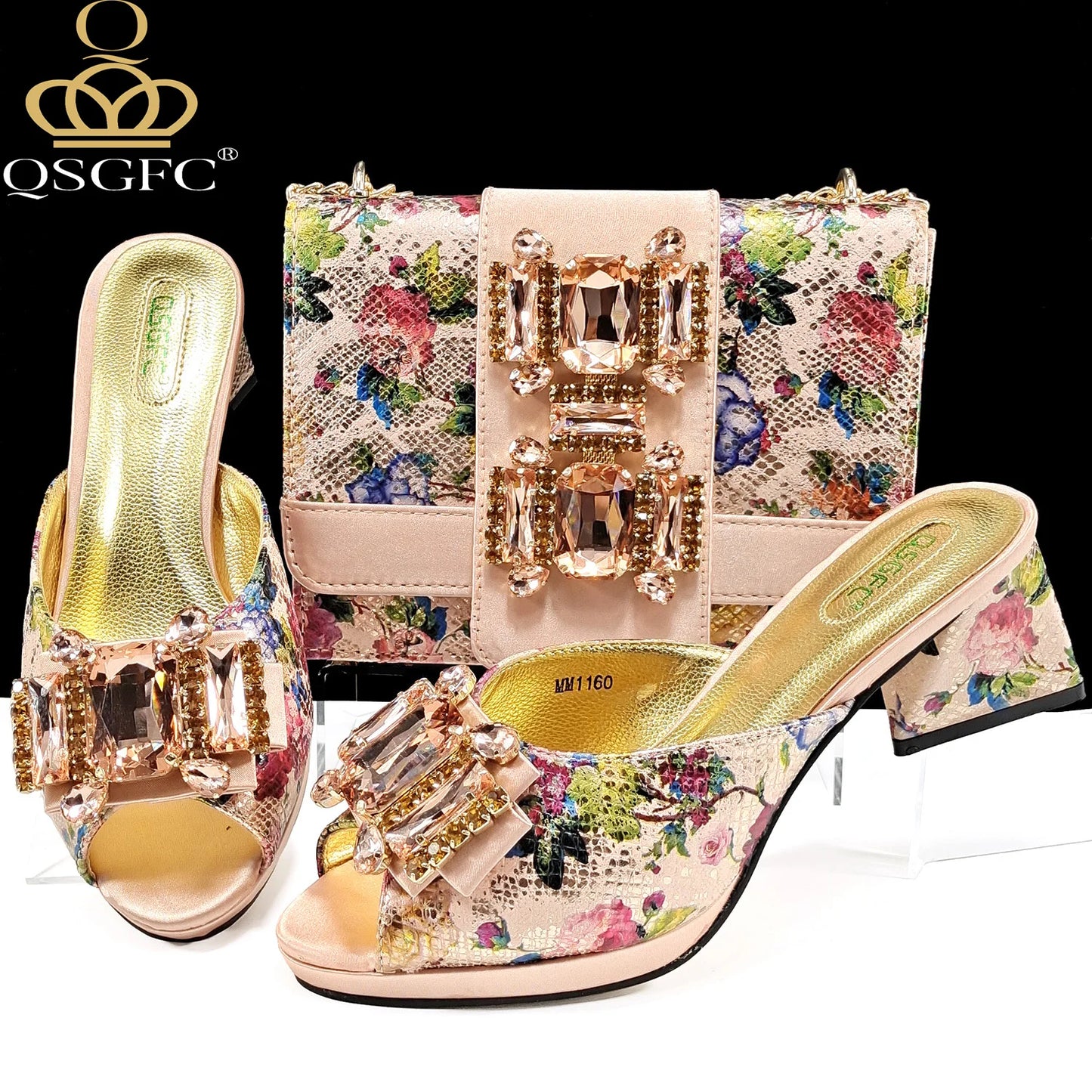 QSGFC Italian Sandals and Bags Matching Set 2025 Women Heel Party for Rose Gold Colour Wedding Bigger Size Thick Heel Shoes