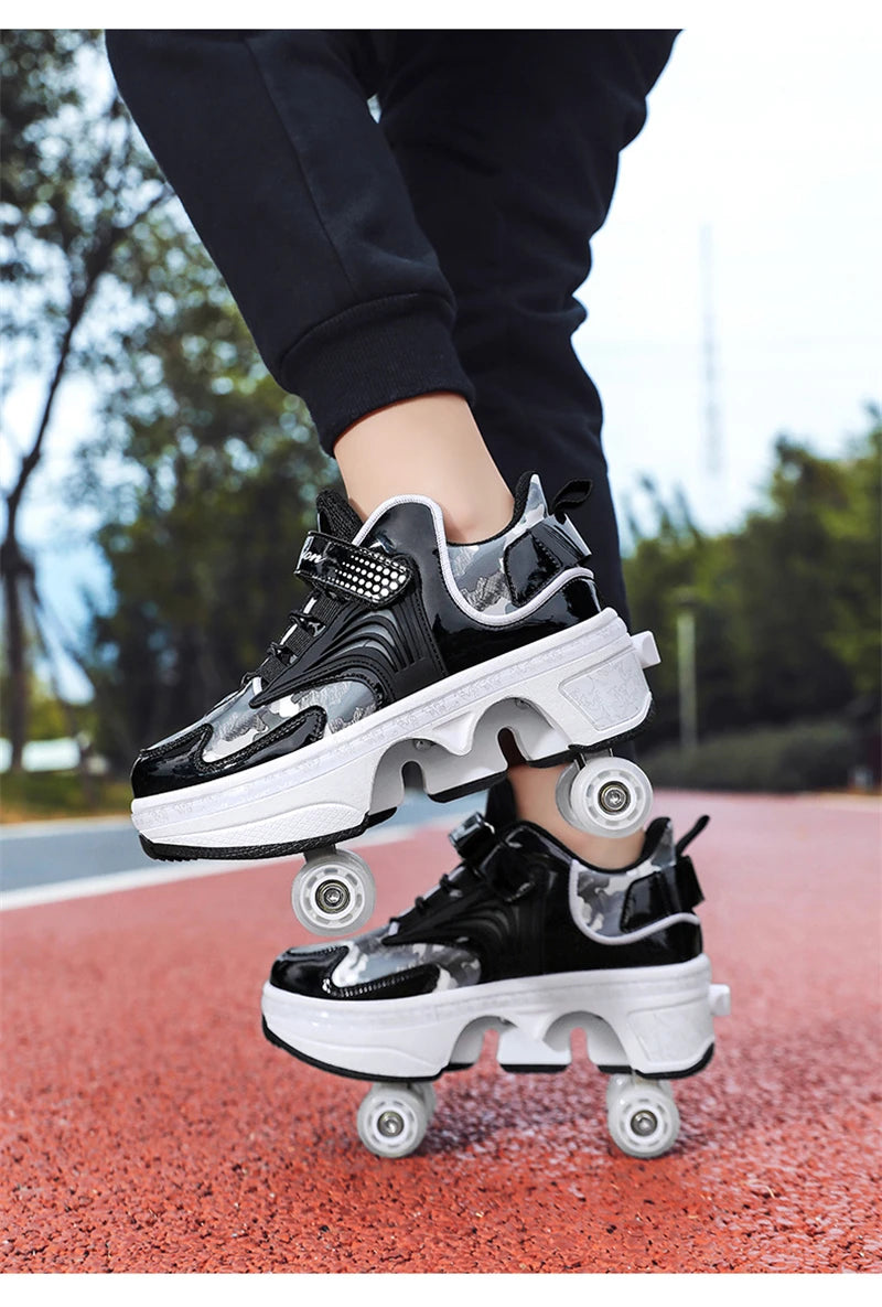 Parkour Shoes 4 Wheels Deformation Roller Skating Shoes Kids Adults Unisex Sneakers Street Urban Fitness FSK Quad Skating Shoes