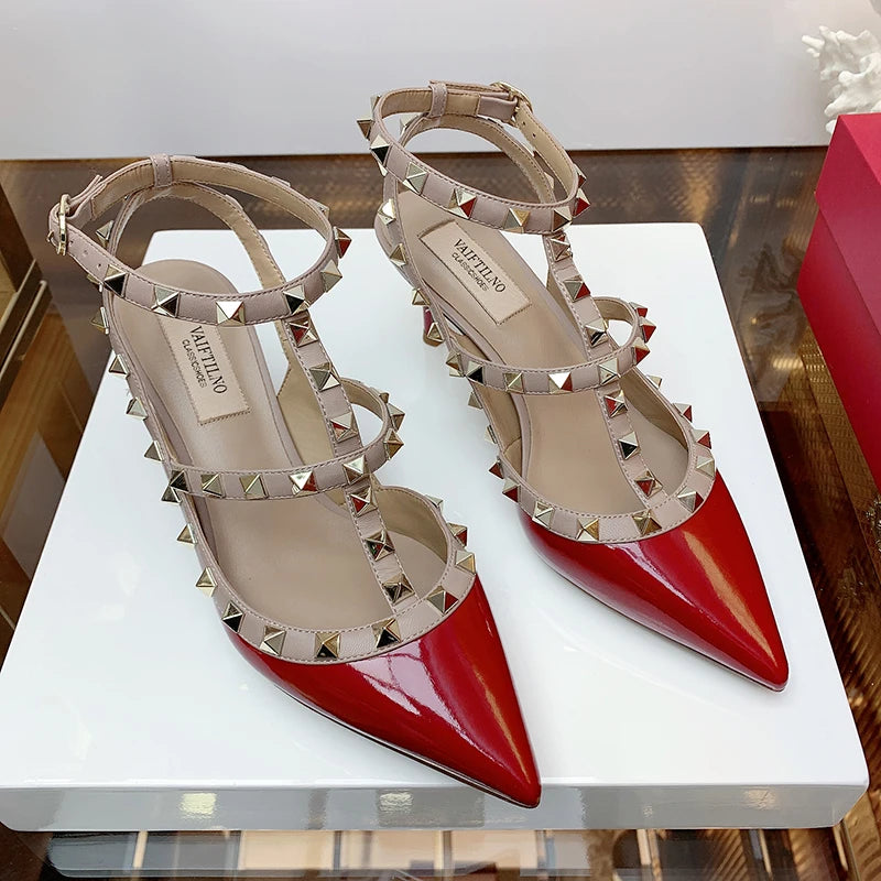 2025 Summer Brand Leather Women's Sandals Classic Rivet Gladiator High Heels Sexy Luxury Pumps Wedding Party Pointed toe Shoes