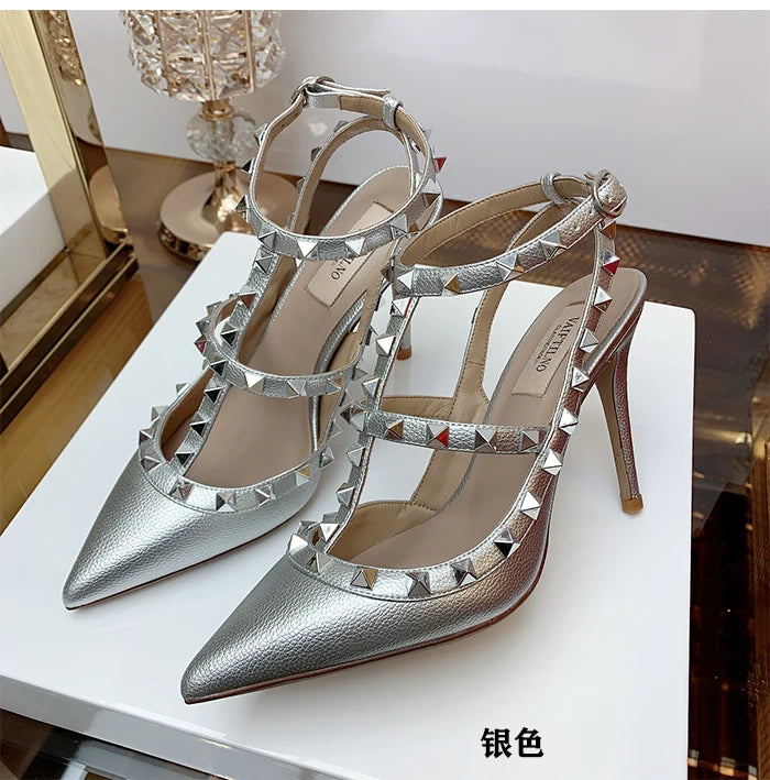 2025 Summer Brand Leather Women's Sandals Classic Rivet Gladiator High Heels Sexy Luxury Pumps Wedding Party Pointed toe Shoes