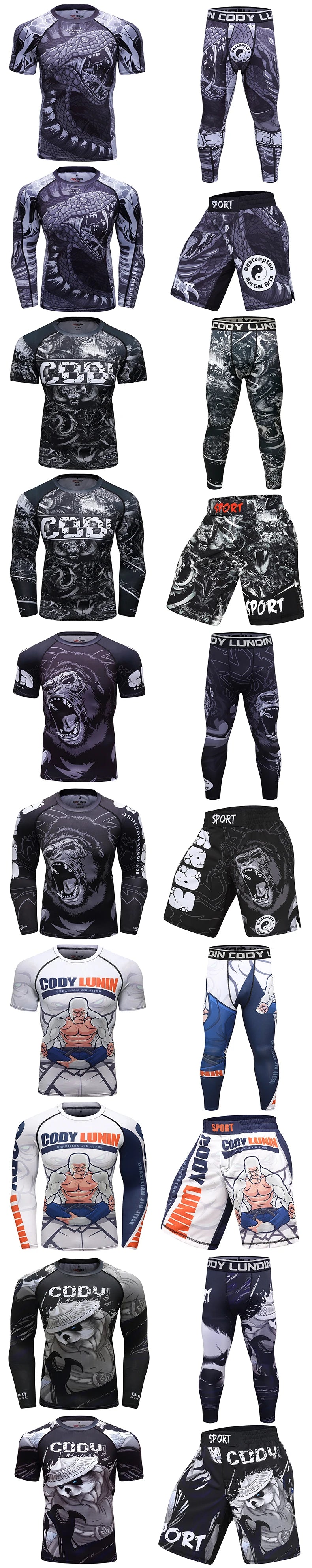 Sublimation Print Compression UV Protection Jersey + MMA Boxing Pants Workout Sport Suit Men Jiu Jitsu Fitness Rash Guard Sets