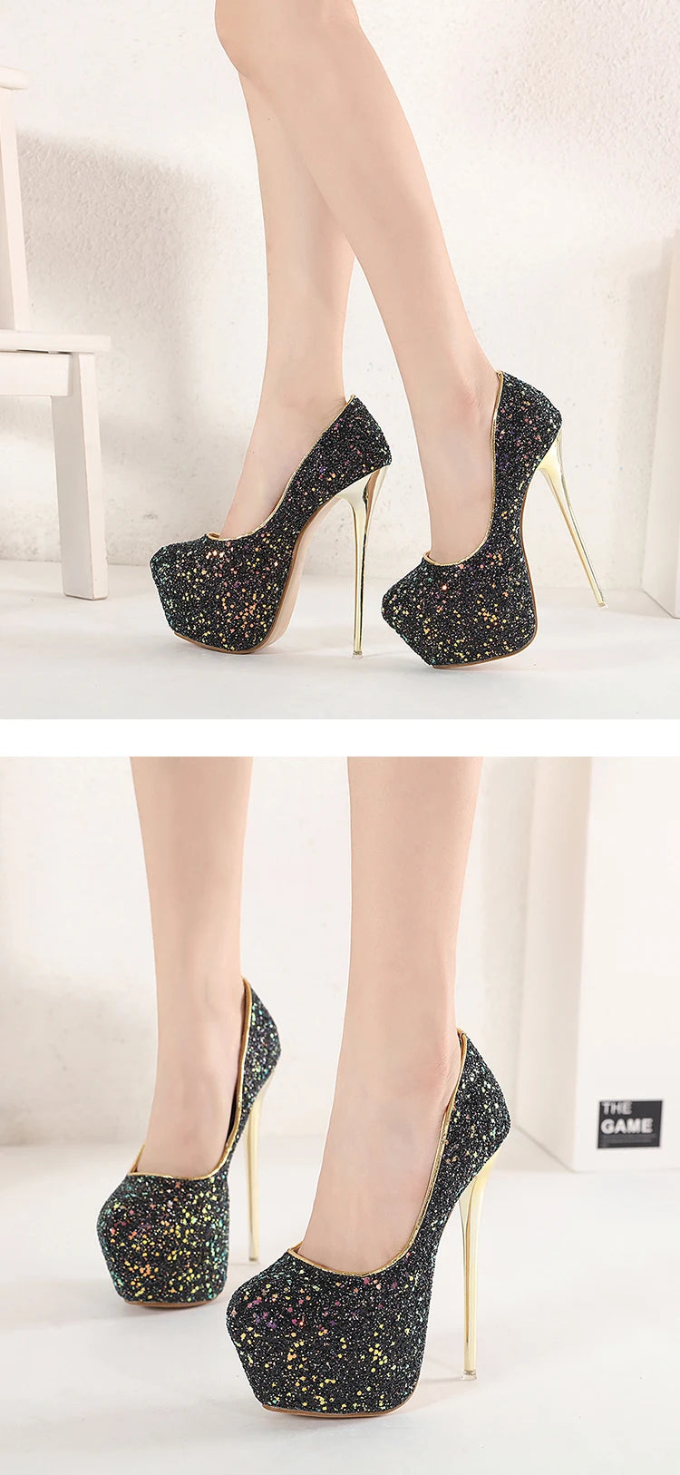 Comemore Sexy Size 34 43 44 45 Bling Sequins High Heels Pumps Platform Fashion Striptease Women's Heel Shoes Summer Slip-On 2025