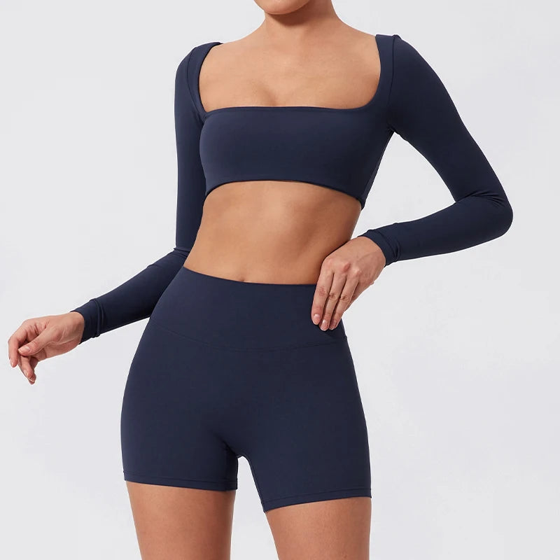Hearuisavy Summer Quick Dry Square Neck Activewear Women Gym Top Fitness Sports Crop Top Female Casual Long Sleeve Yoga Clothes
