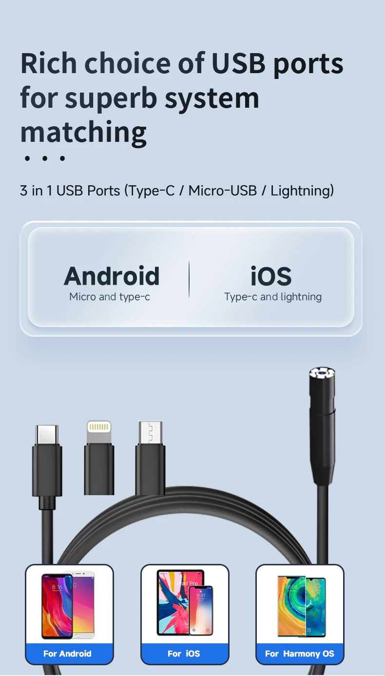 Dodosee 1440p HD Endoscope 3 in 1 Car Inspection Borescope Mini Camera 8mm Lens for Iphone IOS Smart Phone Android Pad Type C