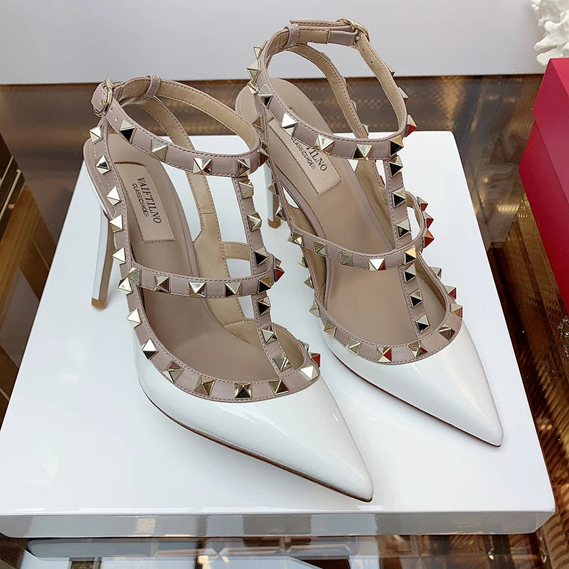 2025 Summer Brand Leather Women's Sandals Classic Rivet Gladiator High Heels Sexy Luxury Pumps Wedding Party Pointed toe Shoes