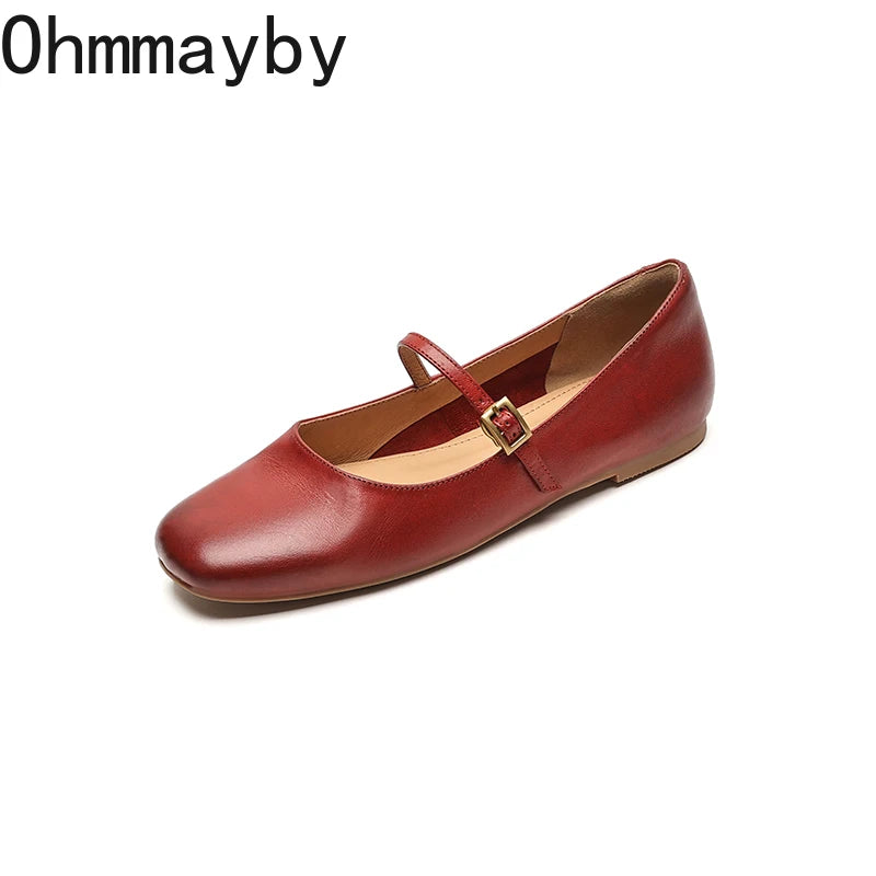 Retro Style Square Toe Women's Mary Jane Shoes Elegant Shallow Dress Flats Leather Footwear for Ladies