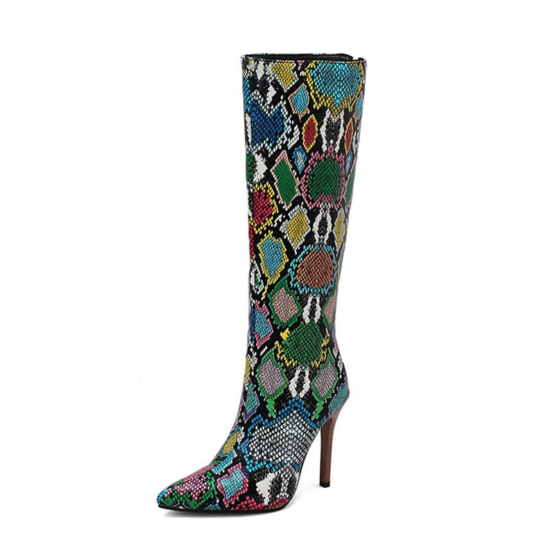2025 White Snake Print Leather Knee High Boots Thin Heel Zipper Sexy Party Shoe Pointy Toe Thigh High Woman Long Boot Size 34-43