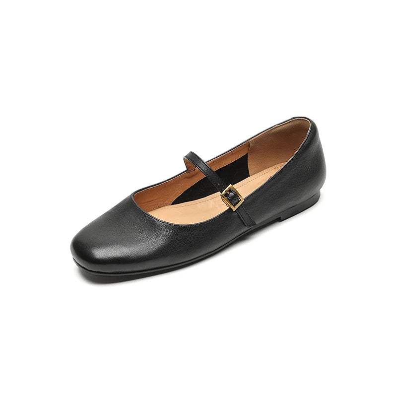 Retro Style Square Toe Women's Mary Jane Shoes Elegant Shallow Dress Flats Leather Footwear for Ladies