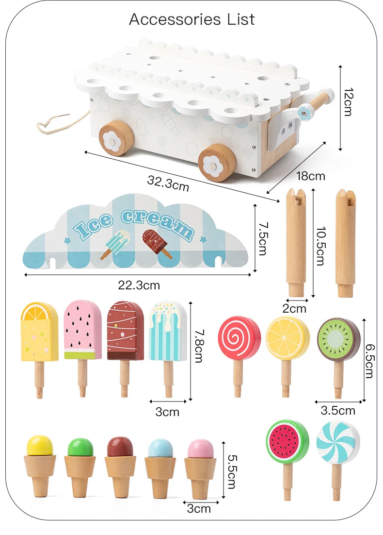 Wooden Ice Cream Girl Toy Kitchen Pretend Play Toys Kitchen Accessories Simulation Ice Cream Shop Montessori Education Toy Gifts