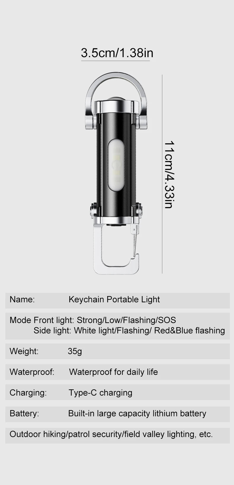 Mini Keychain Flashlight Rechargeable Pocket COB Working Light Outdoor Hook Emergency Warning Light for Camping Walking Hiking