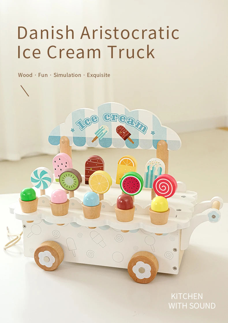 Wooden Ice Cream Girl Toy Kitchen Pretend Play Toys Kitchen Accessories Simulation Ice Cream Shop Montessori Education Toy Gifts