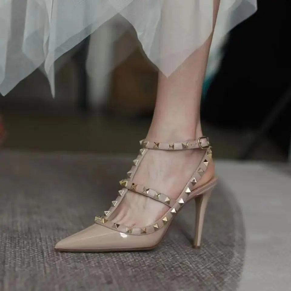 2025 Summer Brand Leather Women's Sandals Classic Rivet Gladiator High Heels Sexy Luxury Pumps Wedding Party Pointed toe Shoes