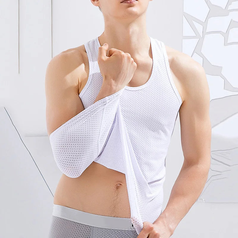 Summer Mesh Tank Top Men Gym Fitness Quick Dry T-shirt Mens Bodybuilding Fitness Muscle Sleeveless Breathable Male Mesh T Shirts