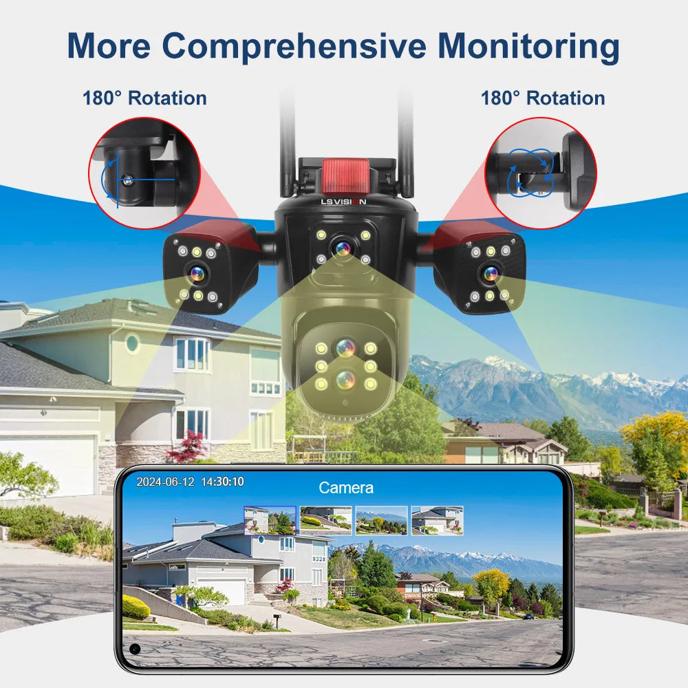 LS VISION 10K 20MP Four Screens WiFi PTZ Camera 10X Optical Zoom Auto Tracking Humanoid Detection CCTV Security Cameras Outdoor