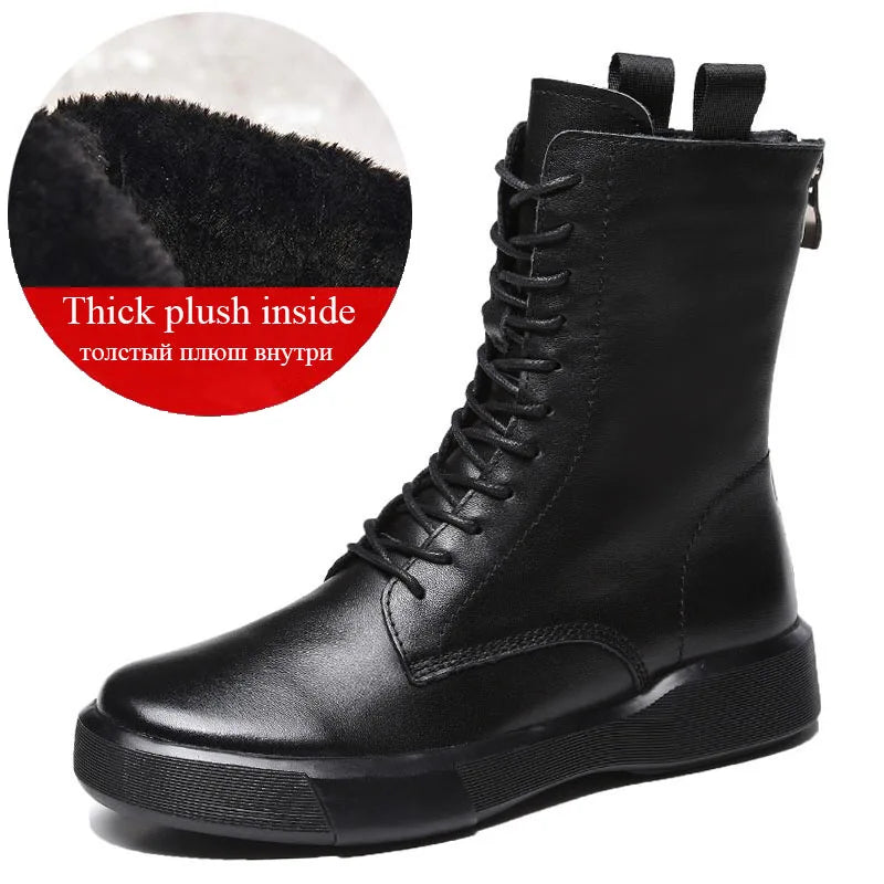 DRKANOL 2026 Fashion Women Boots Autumn Winter Shoes Soft Bottom 100% Genuine Leather Flat Mid Calf Boots Women Casual Warm Boot