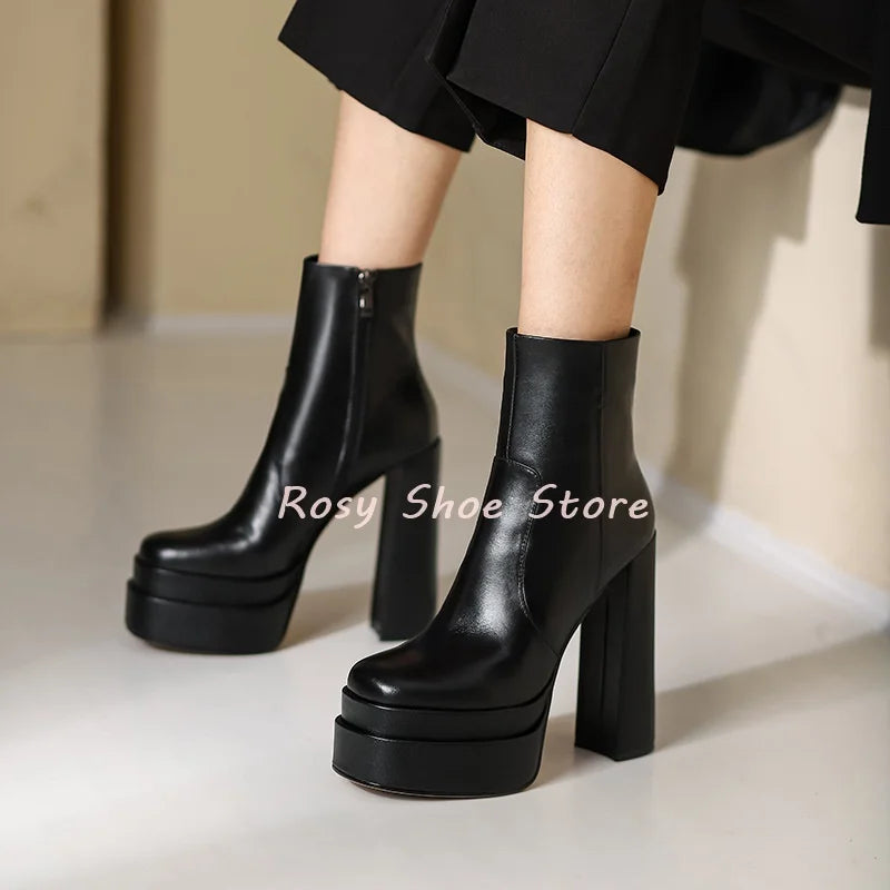 Black White Stitching Leather Square Toe Women's Concise Boots Winter Chunky Heel Waterproof Platform Side Zip Ankle Boots