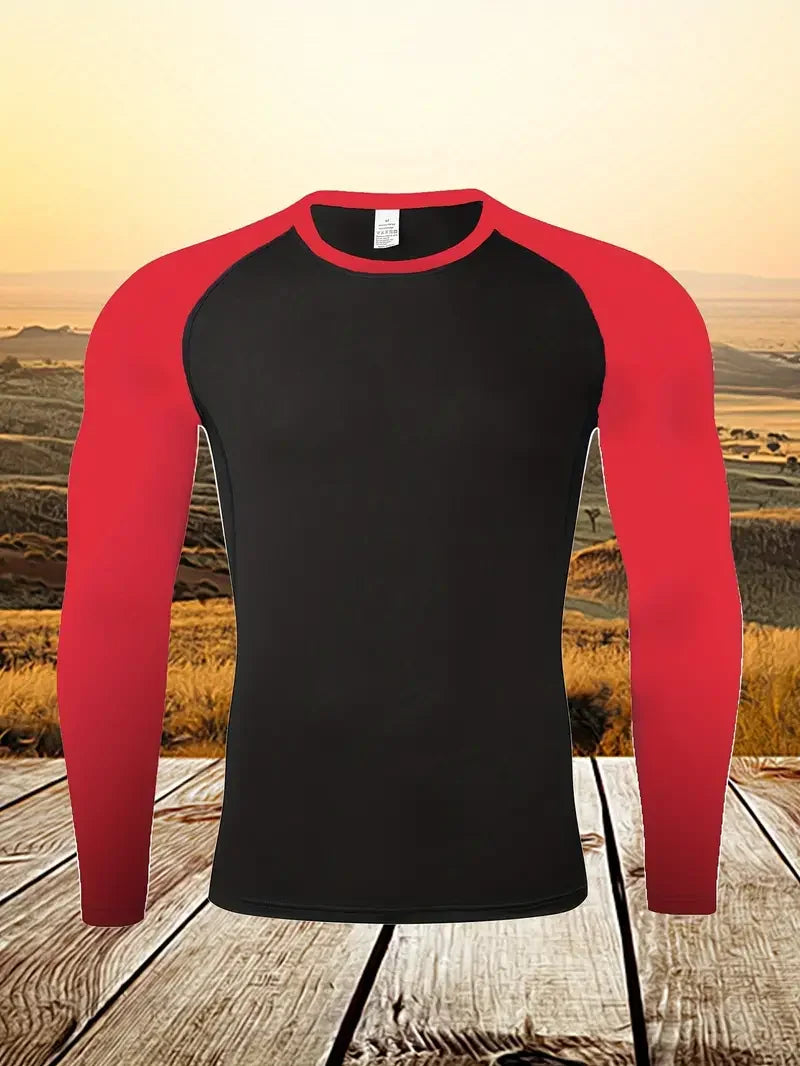 Men's Quick Dry Breathable Color Blocking Slim Long Sleeve High Stretch Base Layer Outdoor Jogging, Fitness Training Activity