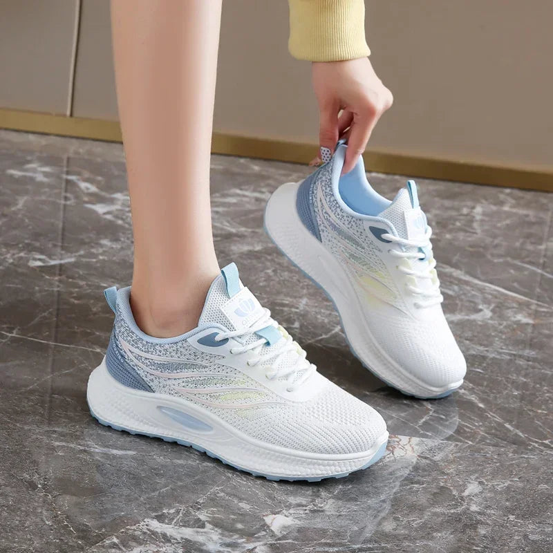 Spring Women New Mesh Lightweight Sports Breath Lace Up Fitness Comfortable Thick Soled Casual Running Shoes Tenis Masculino