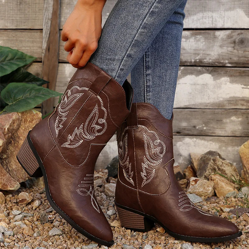 Ethnic Embroider Decor High Heel Boots for Women 2025 New Spring Ankle Vacation Pointed Toe Boots Western Cowgirl Short Boots