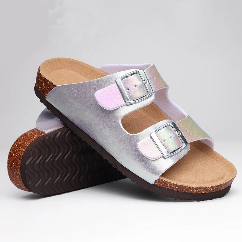 KIDMI Cork Clogs Slippers For Women Cork Footbed Beach Sandals Outdoor Suede Clogs Sandals With Adjustable Buckle Men Sandals