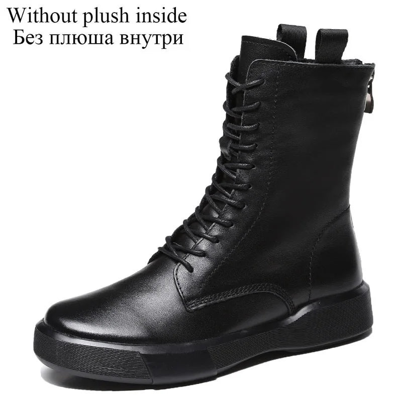 DRKANOL 2026 Fashion Women Boots Autumn Winter Shoes Soft Bottom 100% Genuine Leather Flat Mid Calf Boots Women Casual Warm Boot