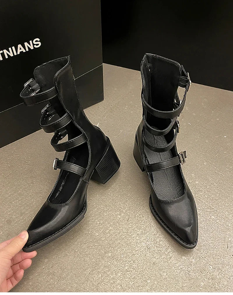 Pointed Toe Women Ankle Boots Fashion Back Zippers Metal Buckle Short Booties Retro Style Female Shoes