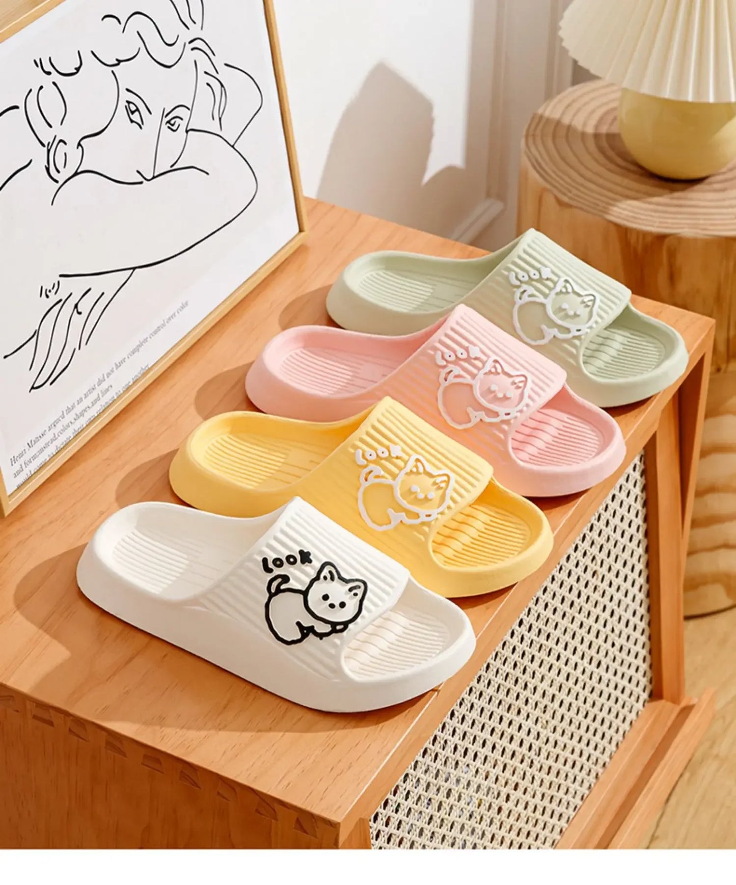 2024 Summer Women Slippers Bath Thick Platform Non-Slip Home Cat Cartoon Flip Flops Beach Sandals Ladies Slides Indoor Outdoor