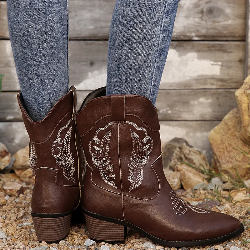 Ethnic Embroider Decor High Heel Boots for Women 2025 New Spring Ankle Vacation Pointed Toe Boots Western Cowgirl Short Boots