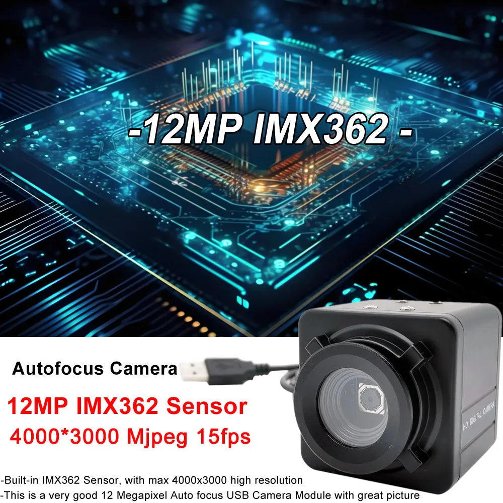 Industrial 12MP 4000x3000 CMOS IMX362 USB Webcam Autofocus NoDistortion Lens Hd Surveillance USB Camera PC OTG UVC Plug And Play