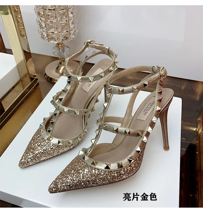 2025 Summer Brand Leather Women's Sandals Classic Rivet Gladiator High Heels Sexy Luxury Pumps Wedding Party Pointed toe Shoes